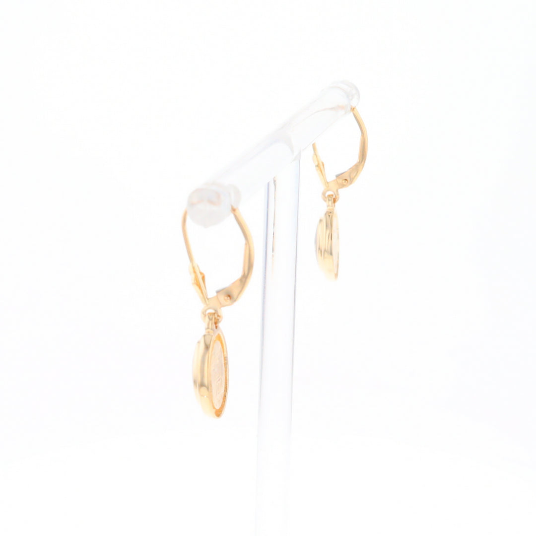 Gold Quartz Earrings Oval Inlaid Design Lever Backs - G2