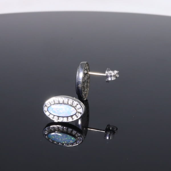 Opal Earrings Oval Inlaid with .25ctw Round Diamond Halo Studs