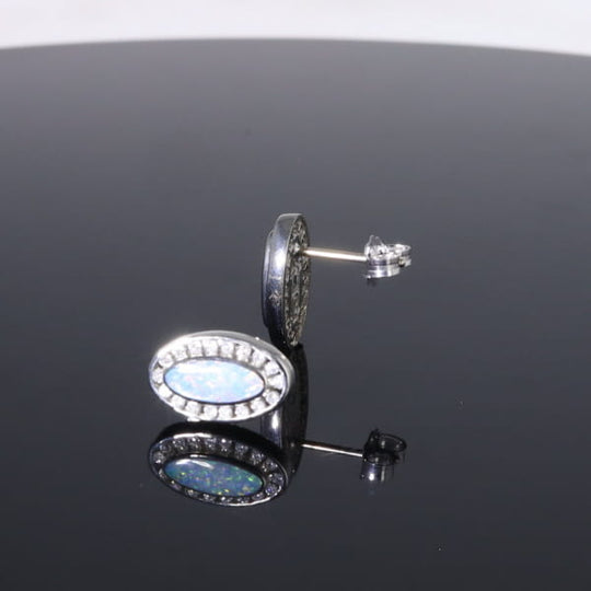 Opal Earrings Oval Inlaid with .25ctw Round Diamond Halo Studs