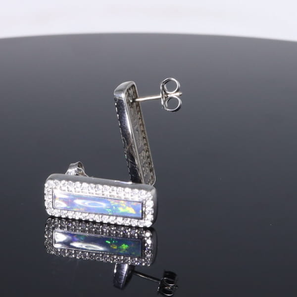 Opal Earrings Rectangle Inlaid with .50ctw Round Diamond Halo Studs