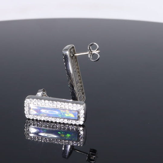 Opal Earrings Rectangle Inlaid with .50ctw Round Diamond Halo Studs