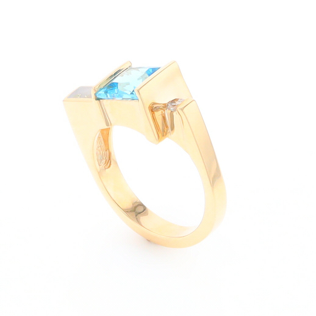 Gold Quartz Ring Rectangle Inlay Swiss Blue Topaz .06ct Round Diamond