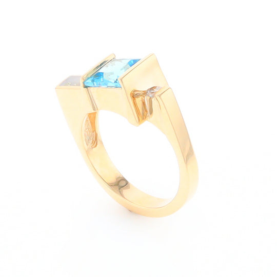 Gold Quartz Ring Rectangle Inlay Swiss Blue Topaz .06ct Round Diamond