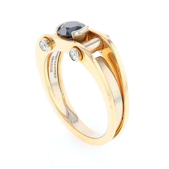 Men's Contemporary White and Yellow Gold Industrial Black Diamond Ring