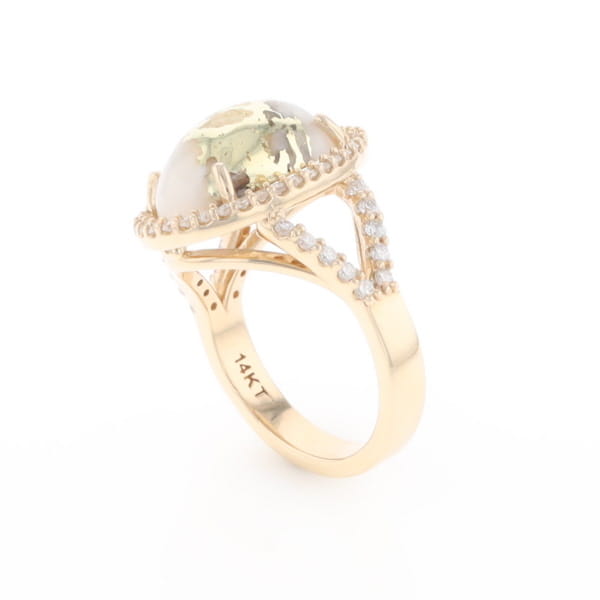 Gold Quartz Ring Oval Cabochon 0.65ctw Round Diamonds Halo