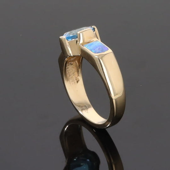 Opal Rings 2 Section Inlaid Design with Oval Swiss Blue Topaz Center