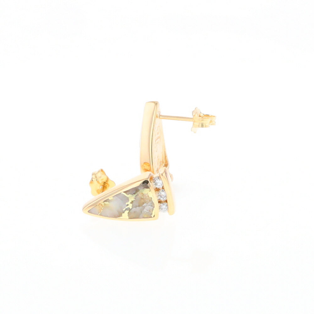 G2 Gold Quartz Earrings Triangle Shape Inlaid Design with .12ctw Diamonds