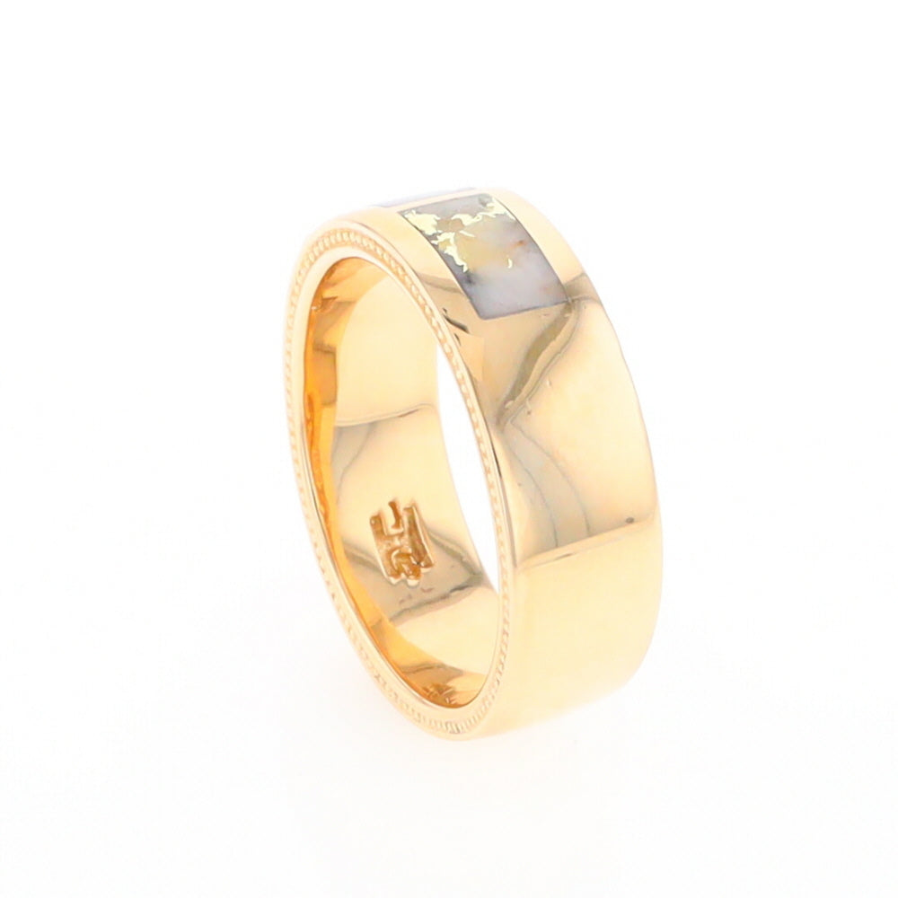 Gold Quartz Ring 3 Section Rectangle Inlaid Band with Milgrain Design