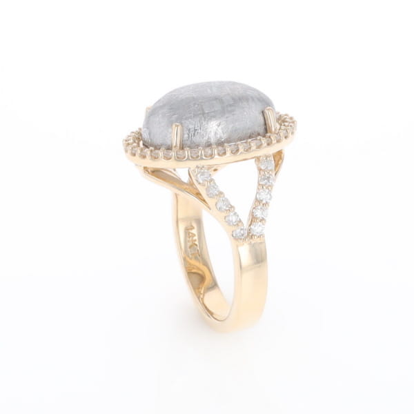 Meteorite Ring Oval Cabochon 0.65ctw Round Diamonds Halo