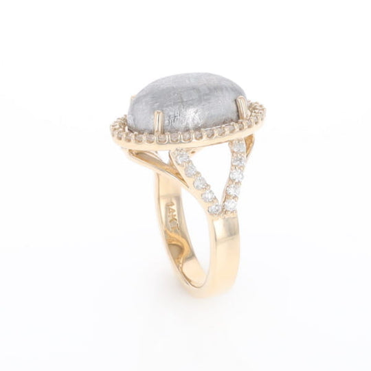 Meteorite Ring Oval Cabochon 0.65ctw Round Diamonds Halo