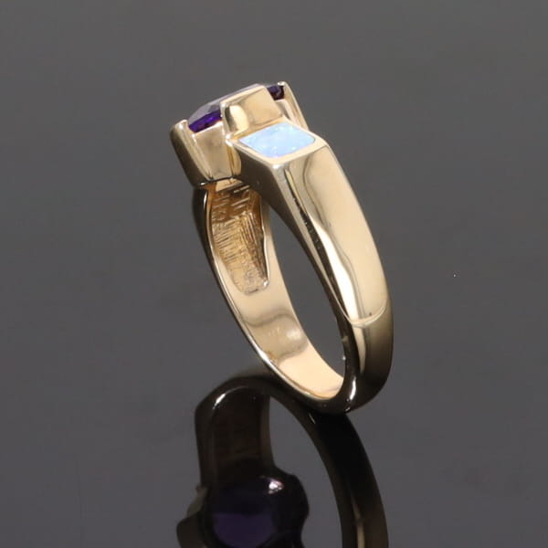 Opal Rings 2 Section Inlaid Design with Oval Amethyst Center