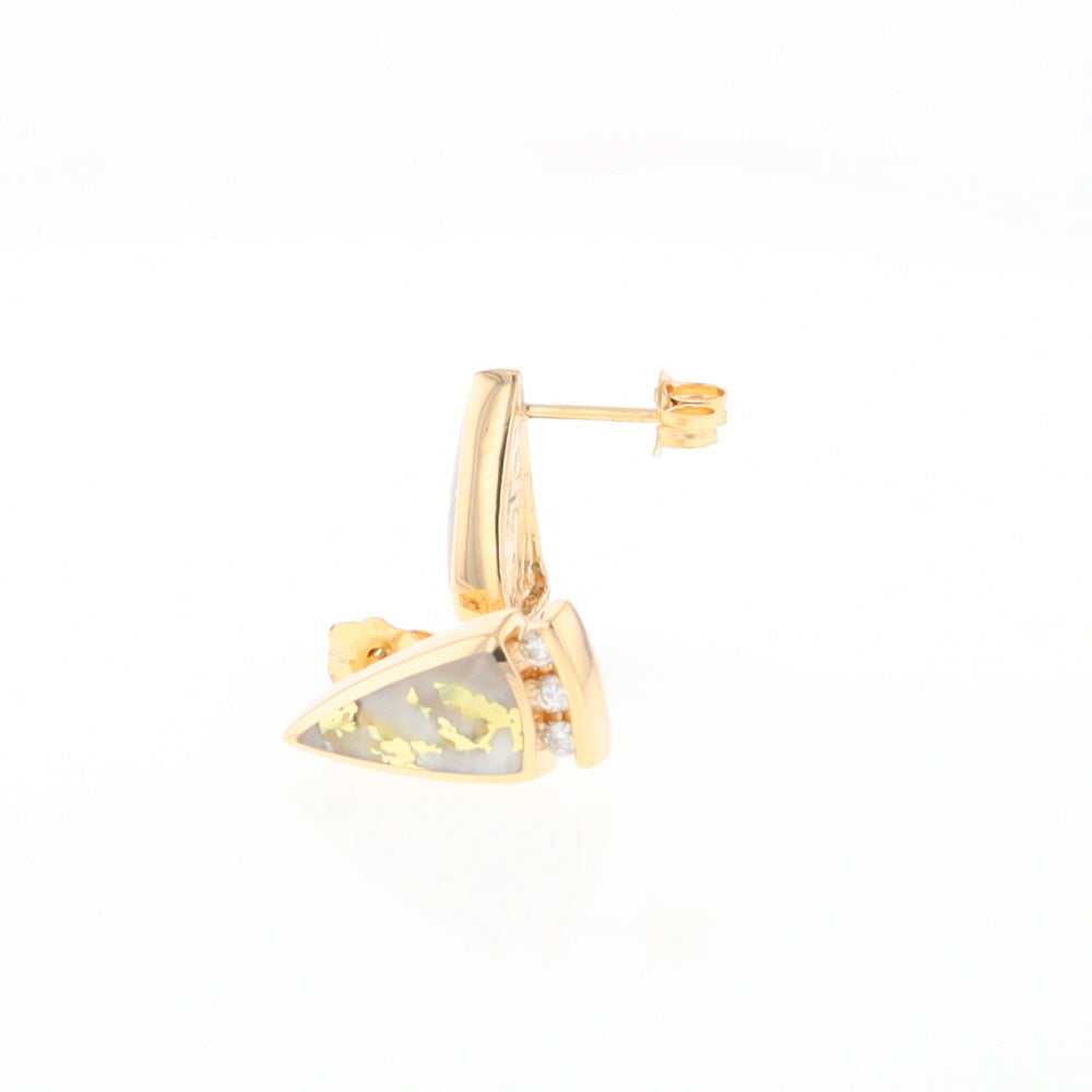 G1 Gold Quartz Earrings Triangle Shape Inlaid Design with .12ctw Diamonds