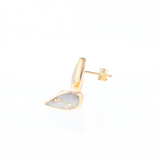 Gold Quartz Earrings Tear Drop Inlaid Studs