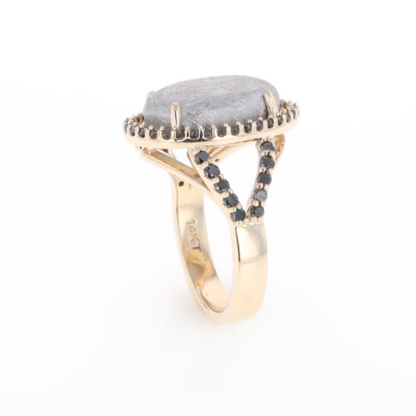 Meteorite Ring Oval Cabochon 0.65ctw Round Black Diamonds Halo