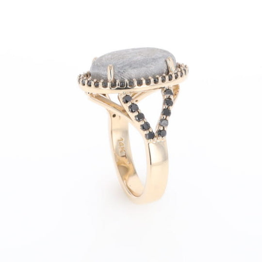 Meteorite Ring Oval Cabochon 0.65ctw Round Black Diamonds Halo