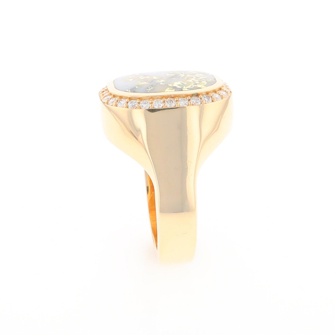 Gold Quartz Cushion Inlaid Men's Ring with Diamond Halo