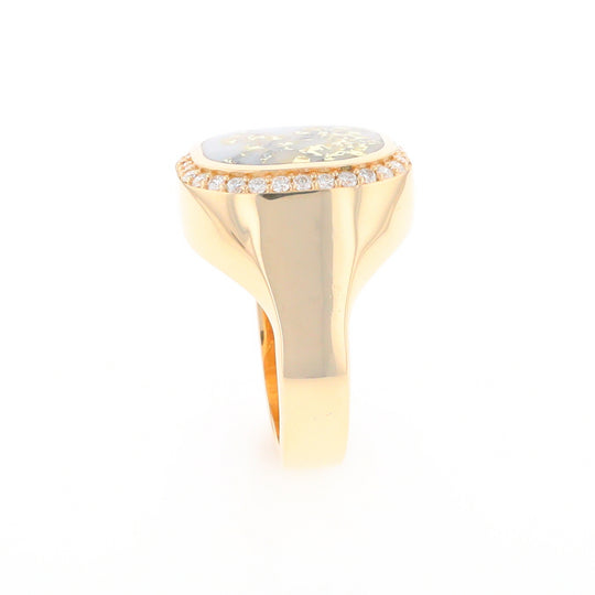 Gold Quartz Cushion Inlaid Men's Ring with Diamond Halo