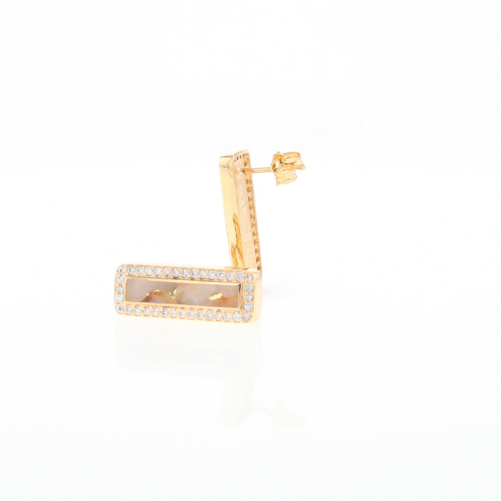 Gold Quartz Earrings Rectangle Inlaid with .50ctw Round Diamonds Halo Design - G2