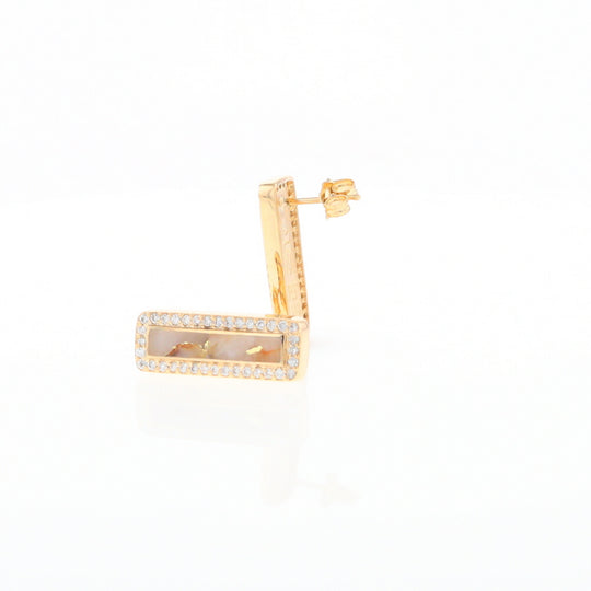 Gold Quartz Earrings Rectangle Inlaid with .50ctw Round Diamonds Halo Design - G2