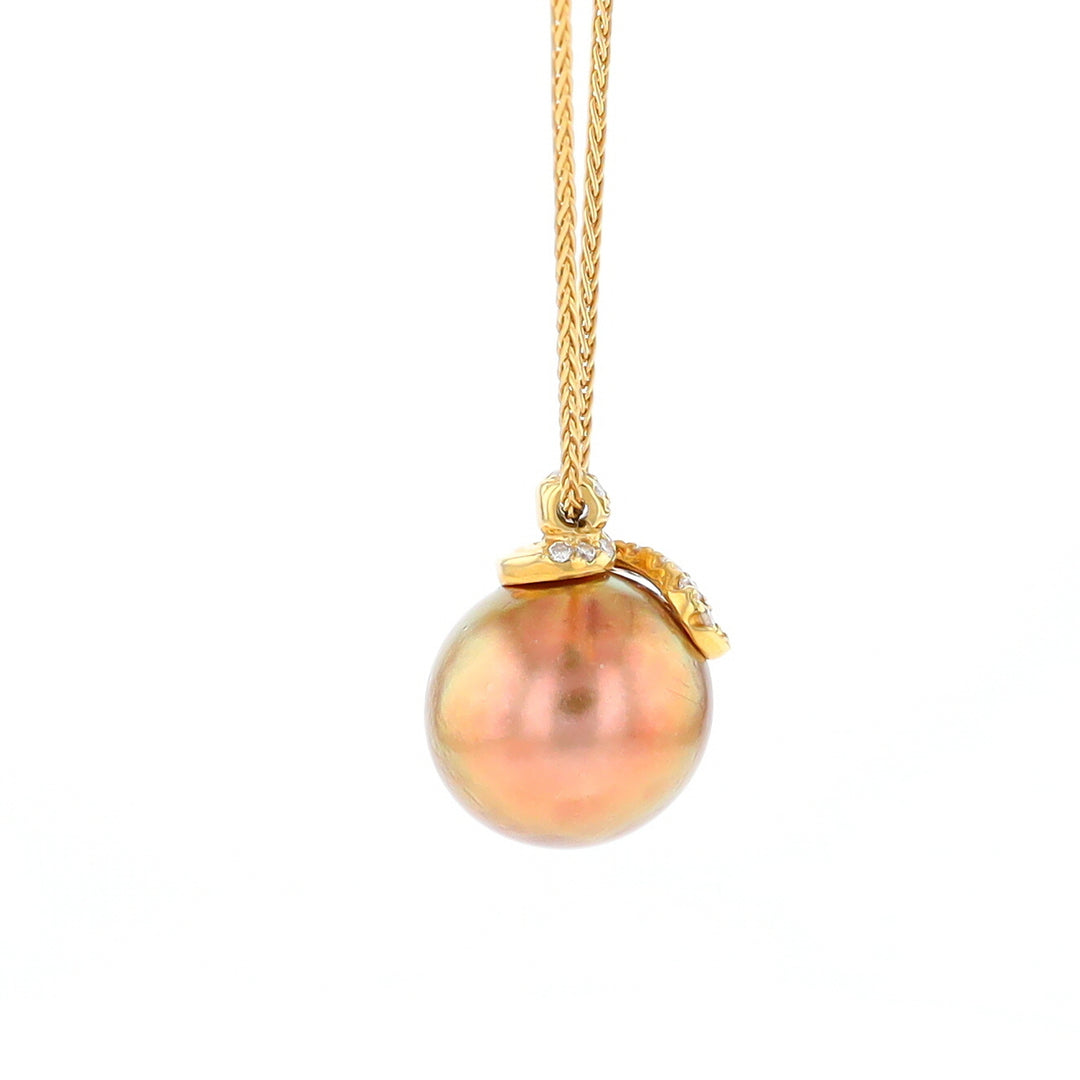 Chocolate Tahitian Pearl with 18K Gold Wrap-Around Diamond Accents and 16" Chain