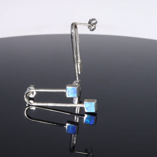 Opal Earrings Curved Bar Double Square Inlaid Ends Design Studs
