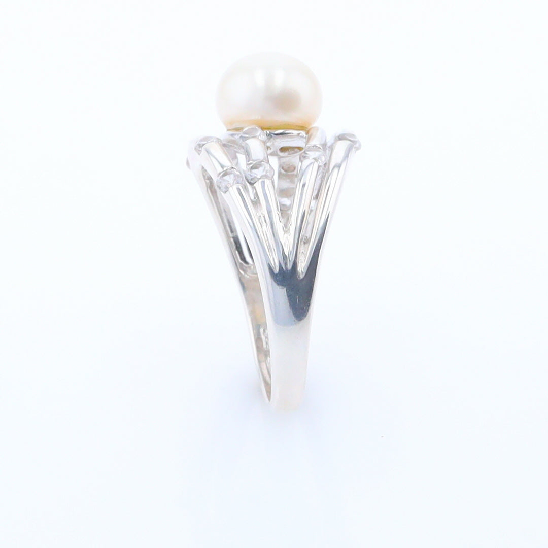 Pearl Bamboo Ring with Cubic Zirconia Accents