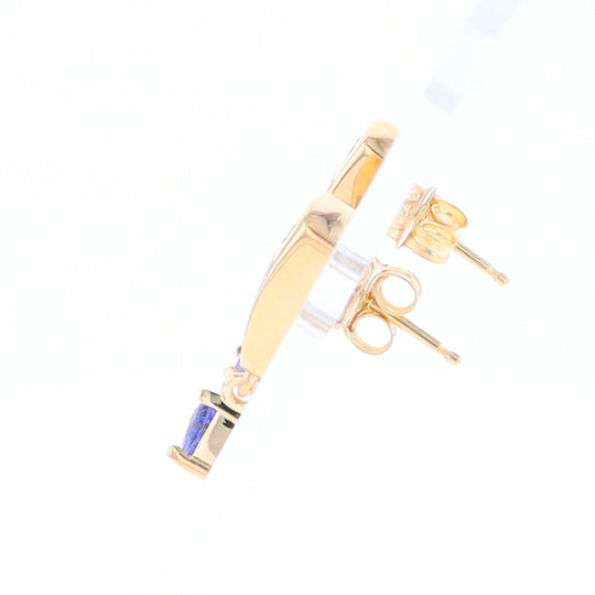 Gold Quartz Earrings Rectangle Inlaid Design with 0.11ct Diamonds & Trillion Cut Tanzanite