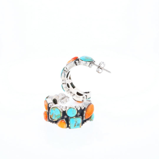 Turquoise & Spiny Oyster Semi-Hoop Stud Earrings