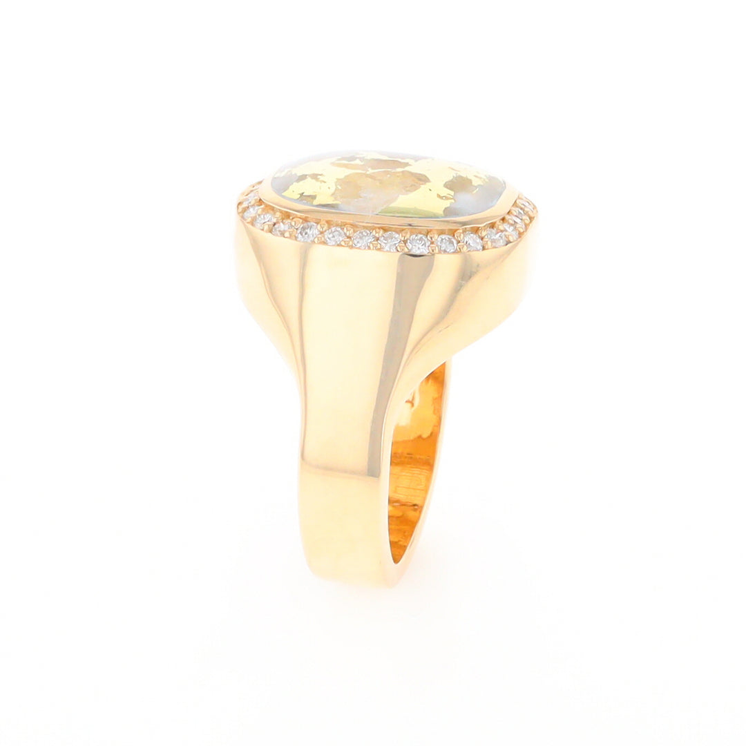 Gold Quartz Cushion Inlaid Men's Ring with Diamond Halo