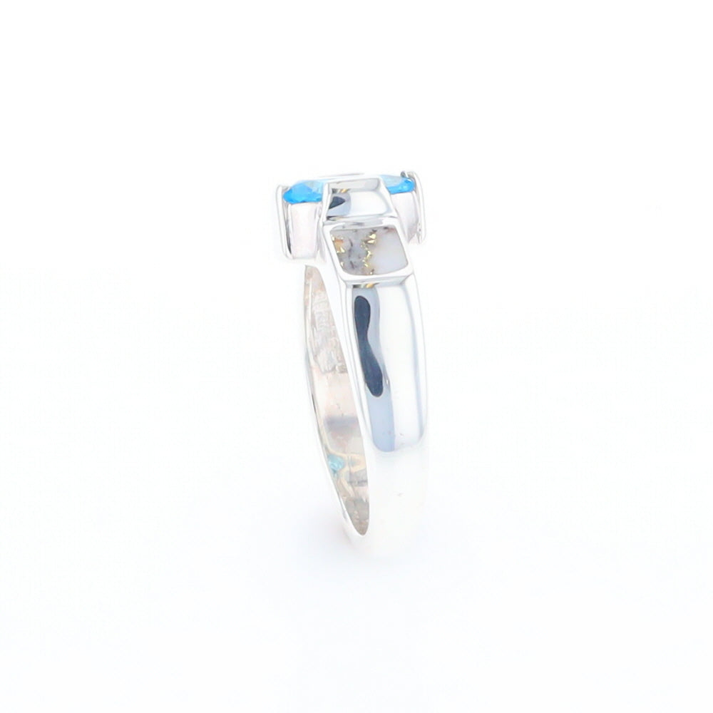 Sterling Silver Gold Quartz Inlaid Oval Blue Topaz Ring - G3