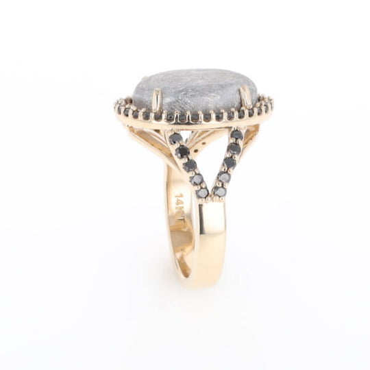 Meteorite Ring Oval Cabochon 0.65ctw Round Black Diamonds Halo