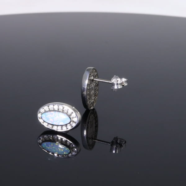 Opal Earrings Oval Inlaid with .25ctw Round Diamond Halo Studs