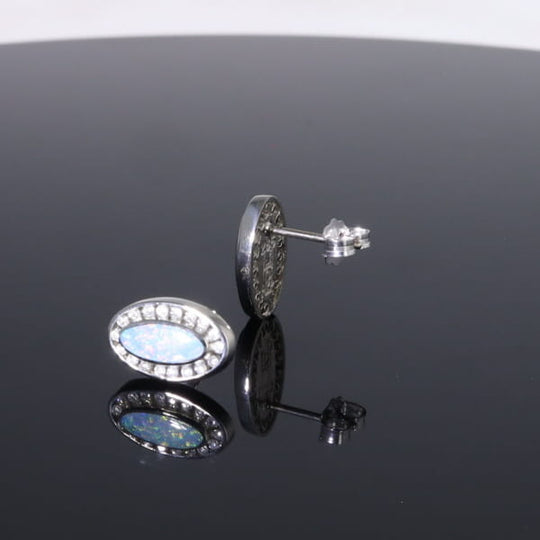 Opal Earrings Oval Inlaid with .25ctw Round Diamond Halo Studs