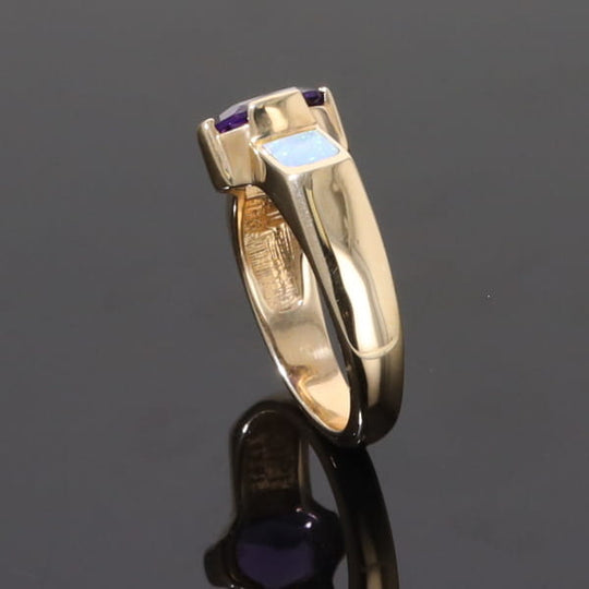 Opal Rings 2 Section Inlaid Design with Oval Amethyst Center