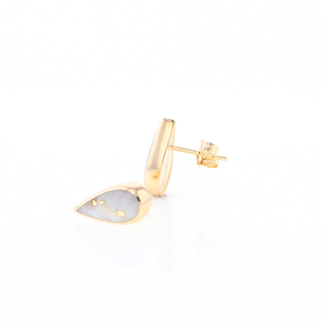 Gold Quartz Earrings Tear Drop Inlaid Studs