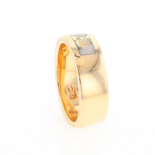 Gold Quartz Ring 3 Section Rectangle Inlaid Band with Milgrain Design