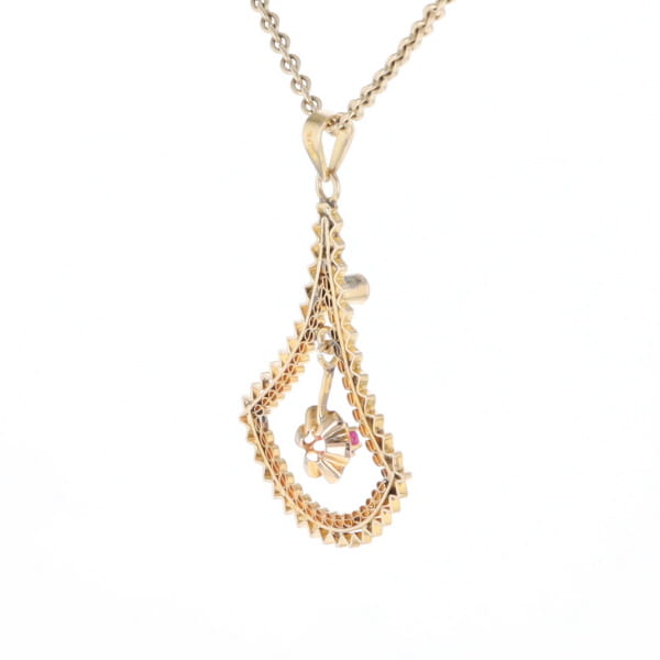 Vintage Buttercup Dangle Ruby Scrollwork Pendant