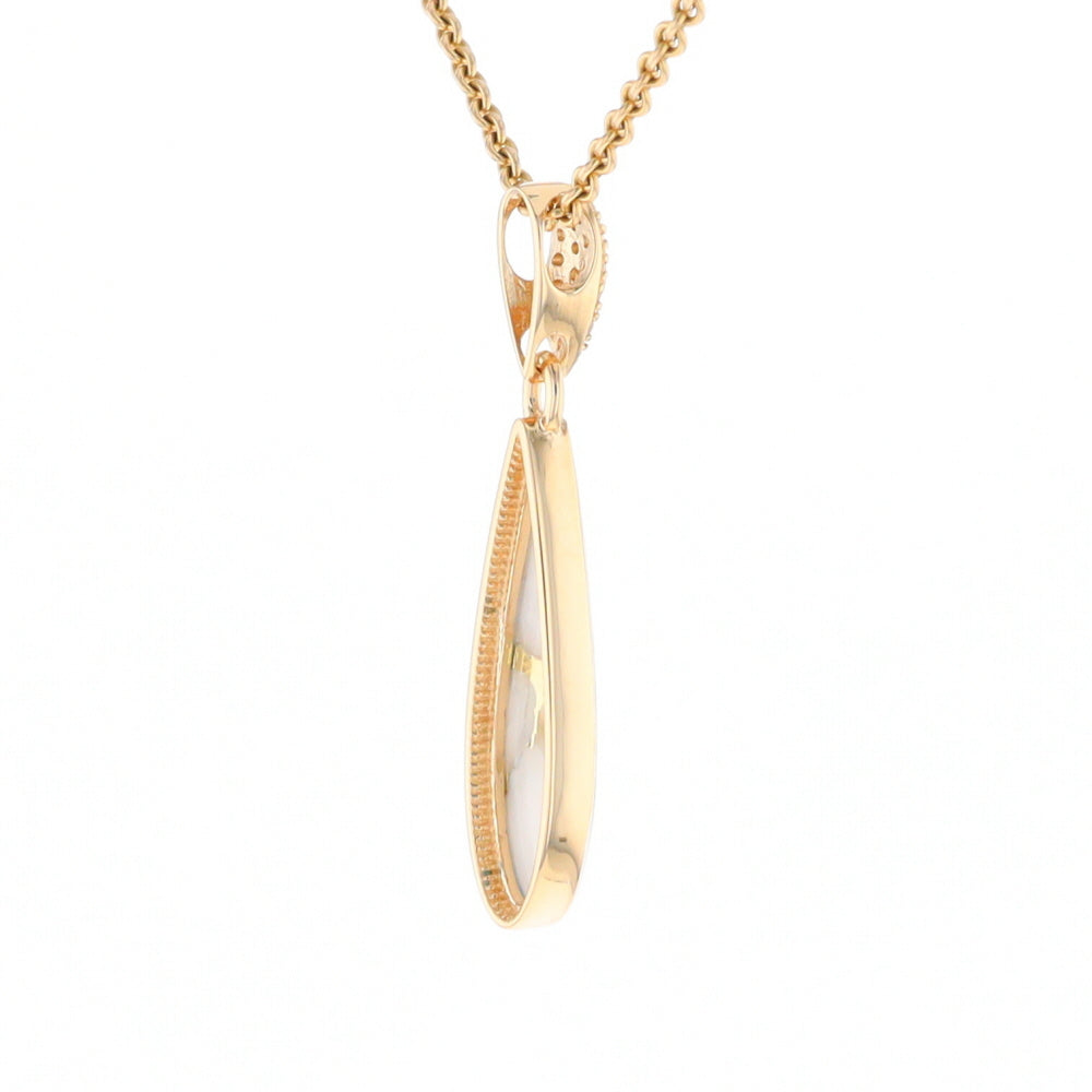 Gold Quartz Necklace, Tear Drop Inlaid Design with 0.11ctw Diamond Pave Pendant G2