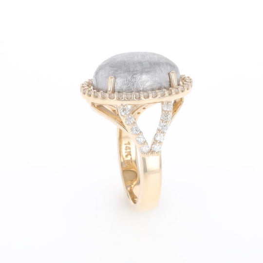 Meteorite Ring Oval Cabochon 0.65ctw Round Diamonds Halo