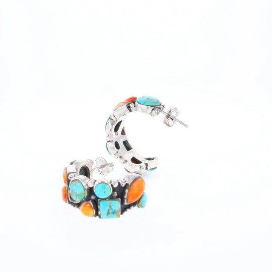 Turquoise & Spiny Oyster Semi-Hoop Stud Earrings