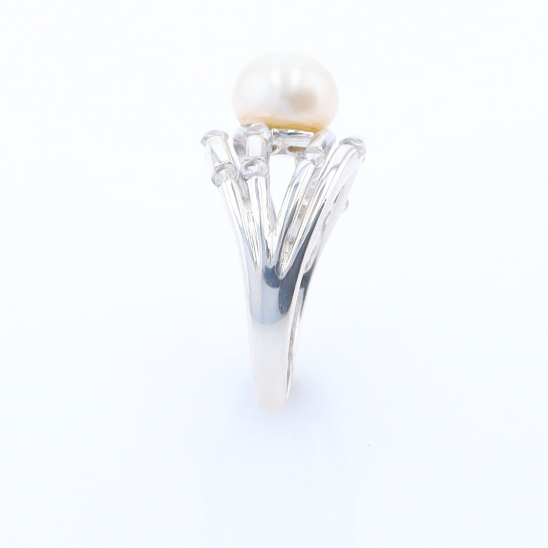 Pearl Bamboo Ring with Cubic Zirconia Accents