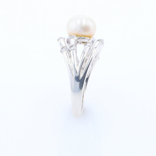 Pearl Bamboo Ring with Cubic Zirconia Accents