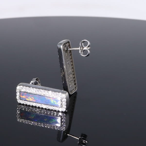 Opal Earrings Rectangle Inlaid with .50ctw Round Diamond Halo Studs