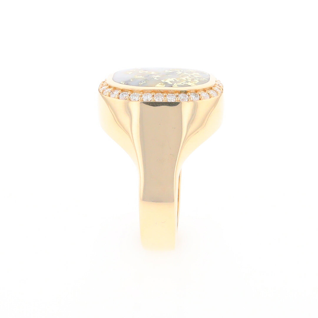 Gold Quartz Cushion Inlaid Men's Ring with Diamond Halo