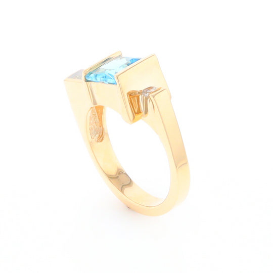 Gold Quartz Ring Rectangle Inlay Swiss Blue Topaz .06ct Round Diamond