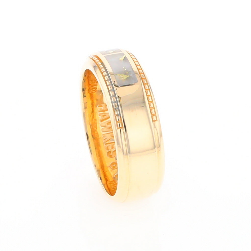 Gold Quartz Ring 3 Section Rectangle Inlaid Milgrain Border Band