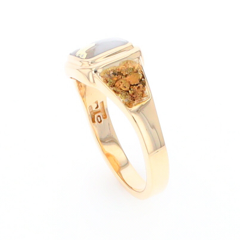 Gold Quartz Ring Square Inlaid Design Double Natural Nugget Sides
