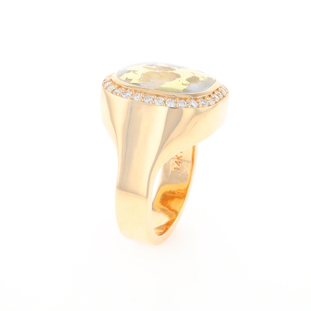 Gold Quartz Cushion Inlaid Men's Ring with Diamond Halo