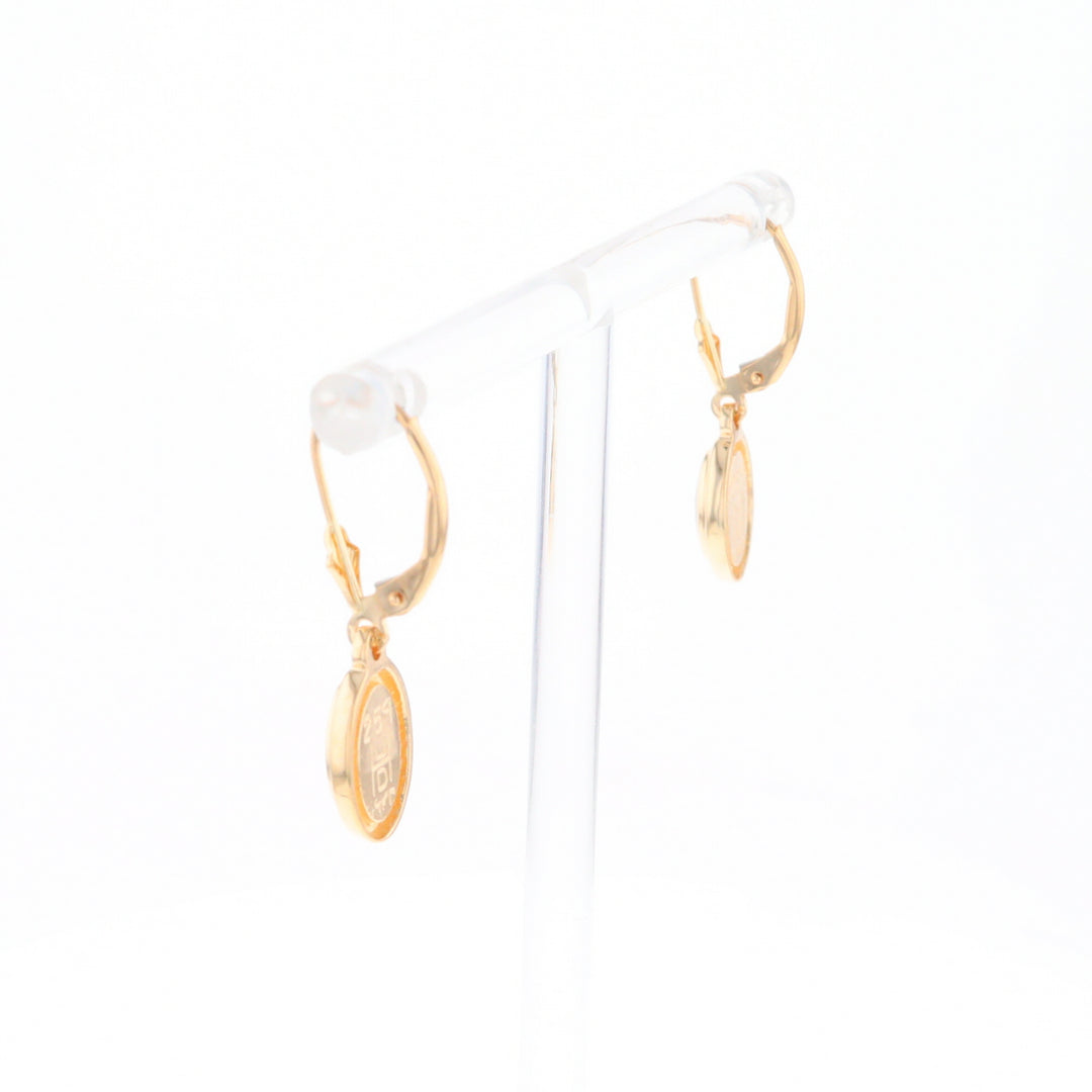 Gold Quartz Earrings Oval Inlaid Design Lever Backs - G2