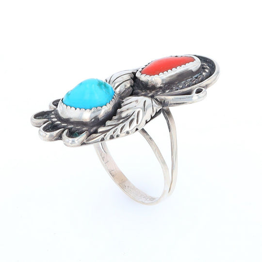 Freeform Turquoise and Coral Sterling Silver Double Leaf Ring